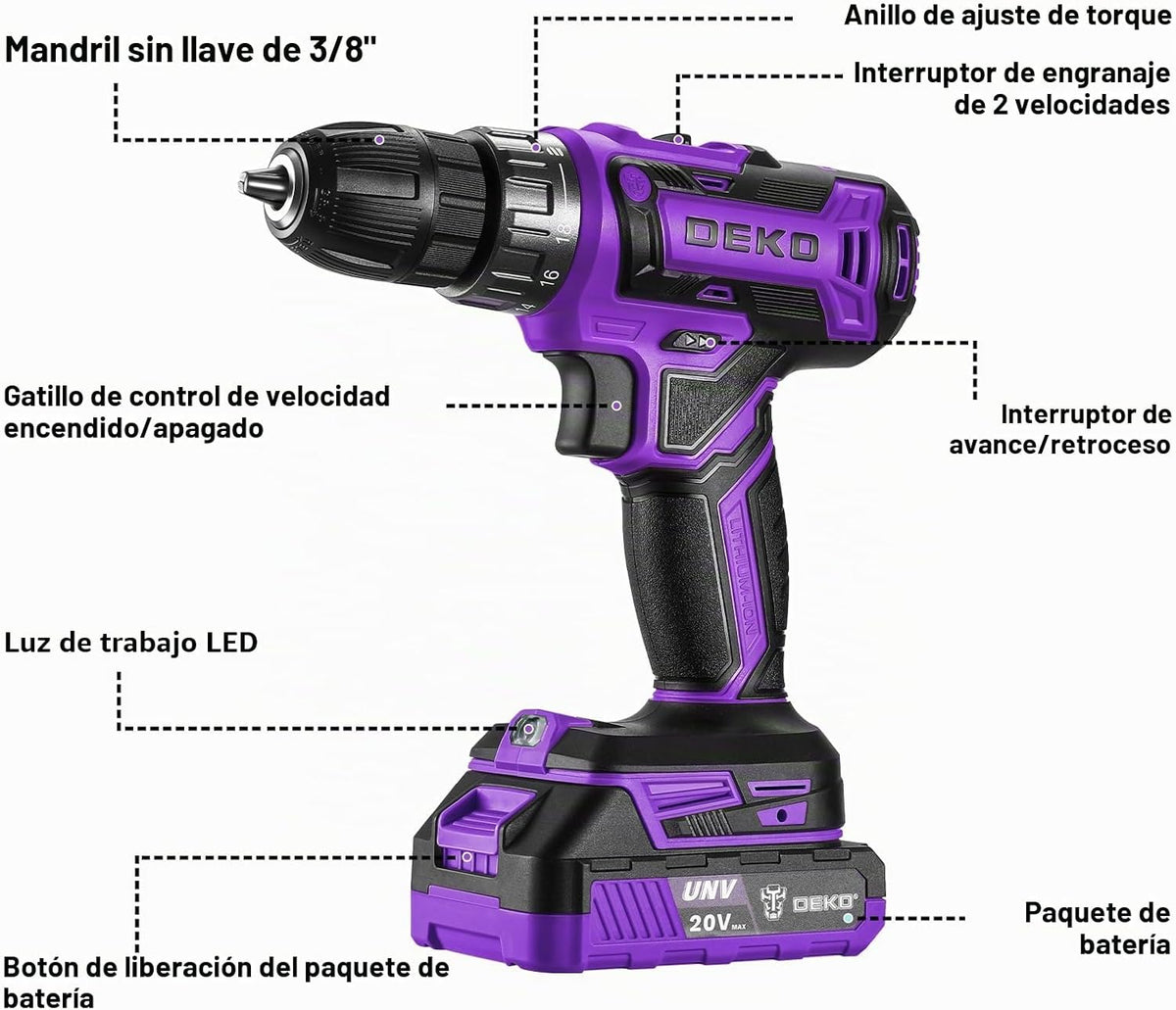 Taladro eléctrico inalámbrico: DEKO PRO Taladro inalámbrico de 20 V...