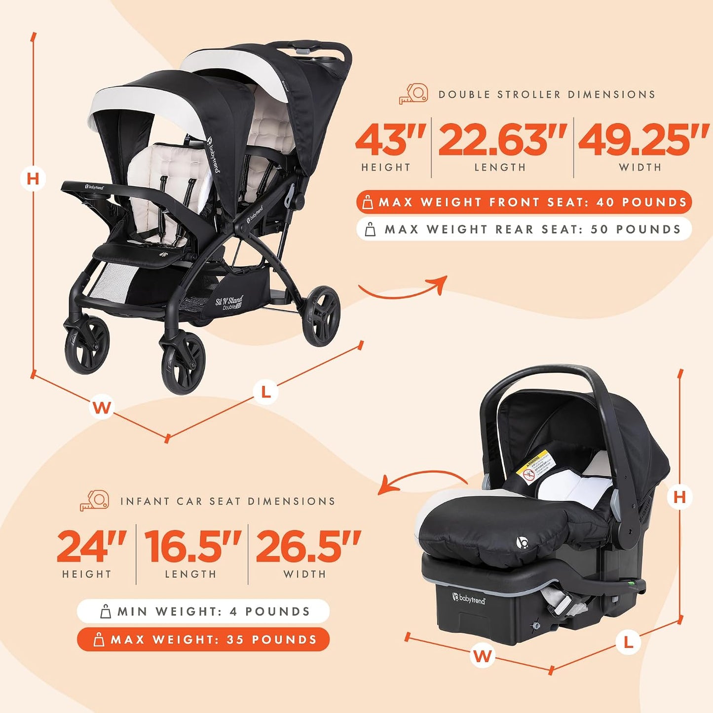 Baby Trend Sit N' Stand - Cochecito doble en tándem con 2 asien...