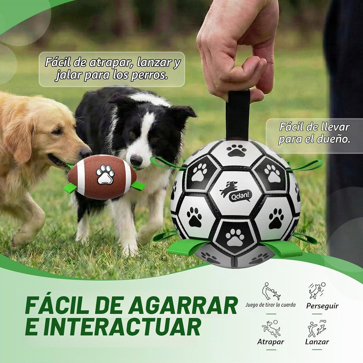 QDAN - Juego de 2 pelotas de fútbol para perros, juguete con correa...