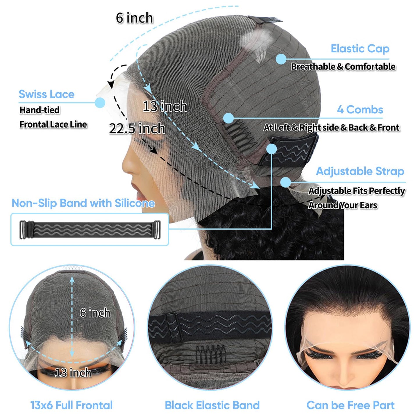 Pelucas de cabello humano ondulado profundo de 13 x 6 pulgadas, sin...