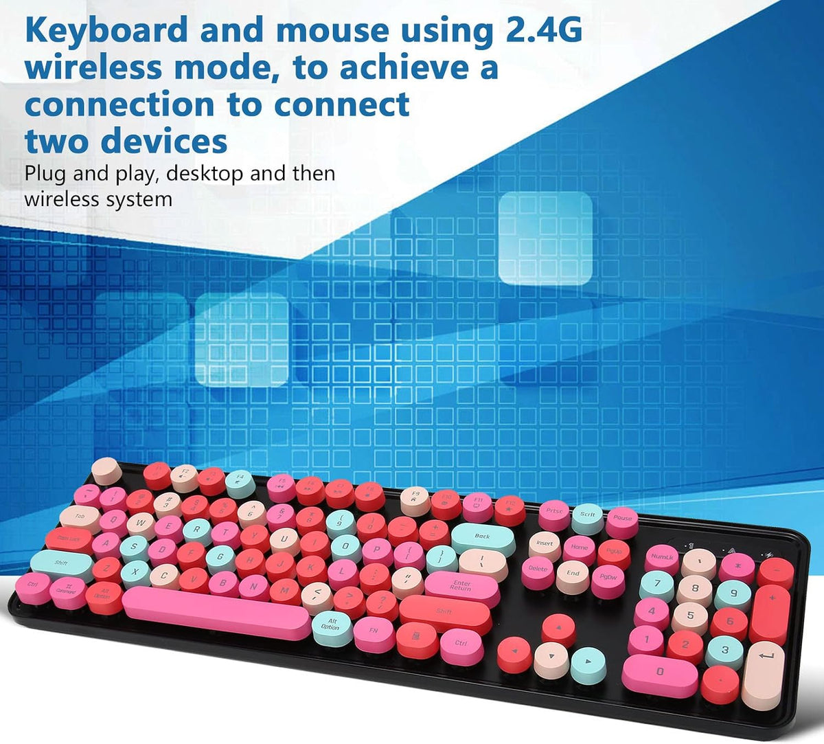Combo de teclado y mouse inalámbricos, teclado retro de tamaño comp...