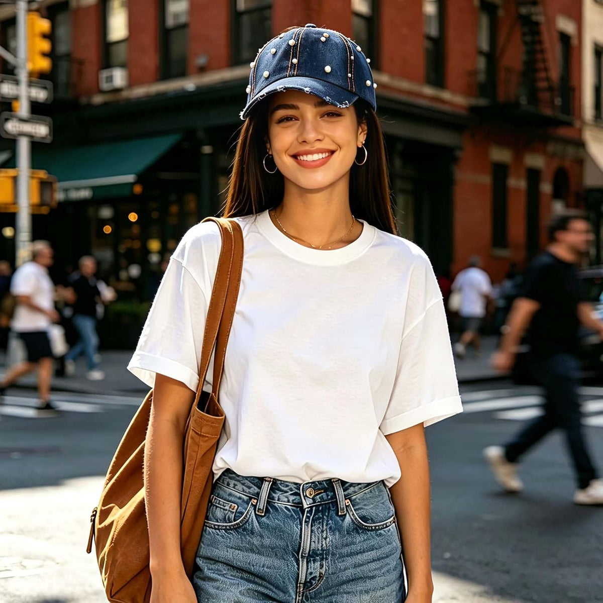 Qkxbxk Gorra de béisbol de mezclilla con perlas para mujer, ajustab...