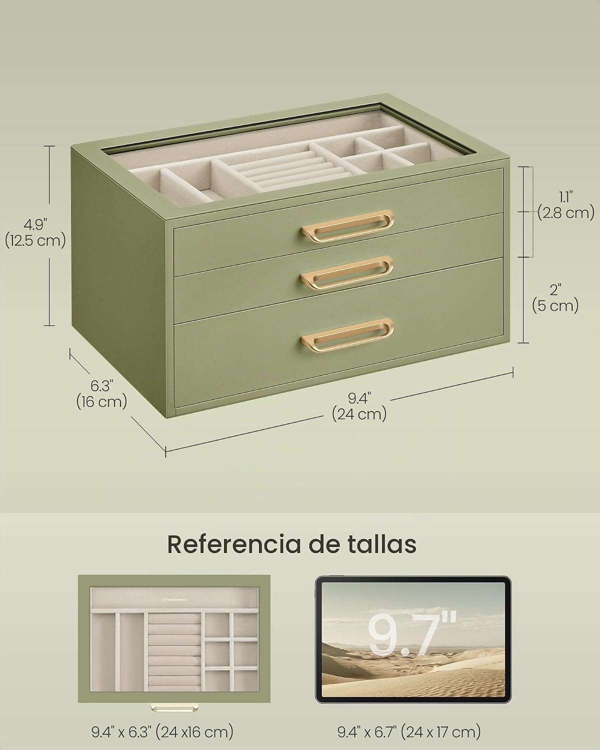 SONGMICS Joyero de 3 capas con ventana de cristal, organizador de a...