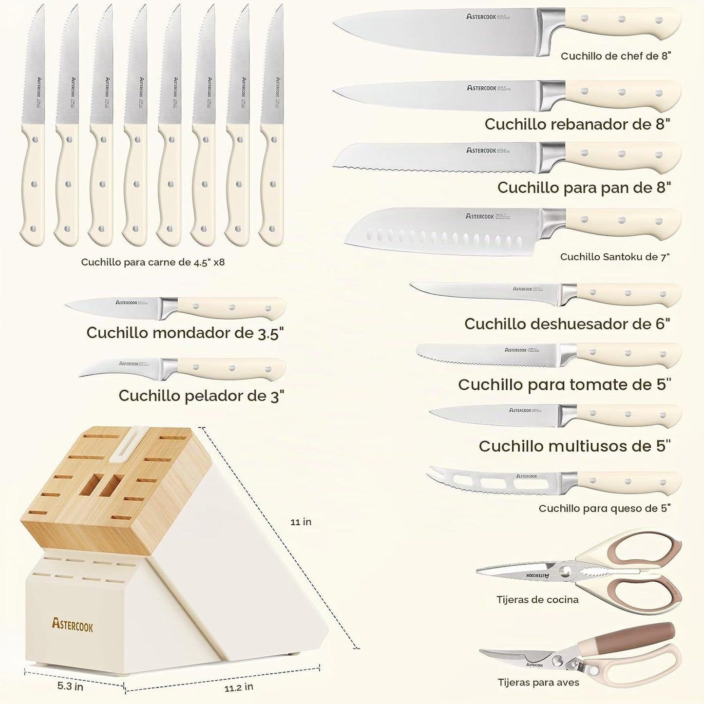 Astercook Juego de cuchillos de cocina con bloque, 22 piezas, cuchi...