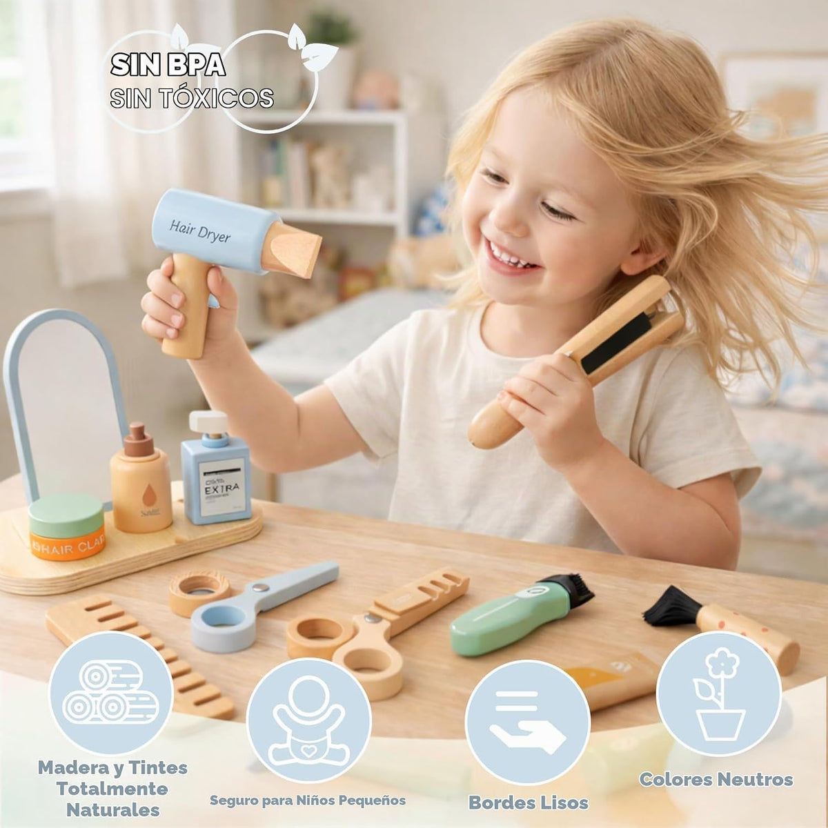 Juego de peluquería de madera para niñas de 3 a 6 años, kit de jugu...