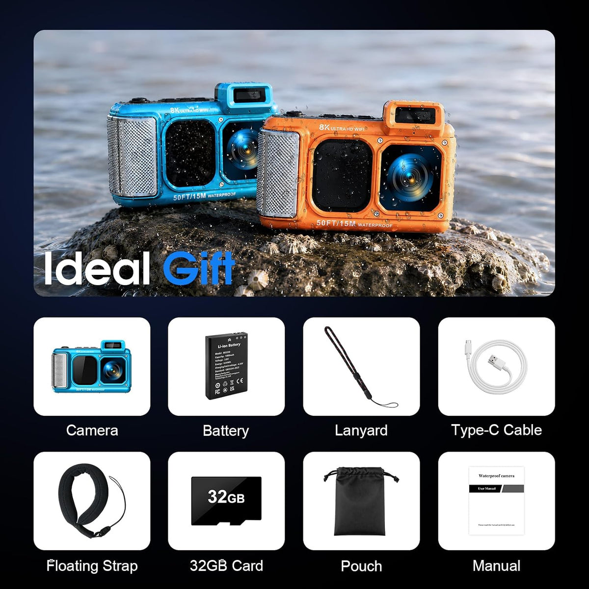 8K cámara subacuática WiFi 90MP 50FT táctil impermeable cámara 32GB...