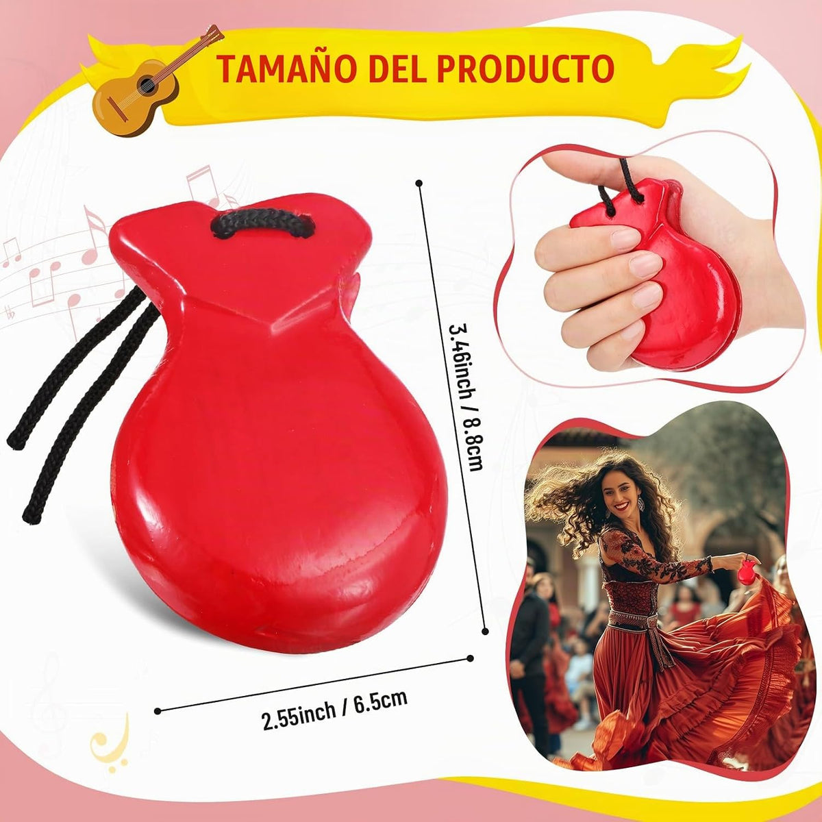 Motionchic Paquete de 2 castañuelas españolas de flamenco con cuerd...