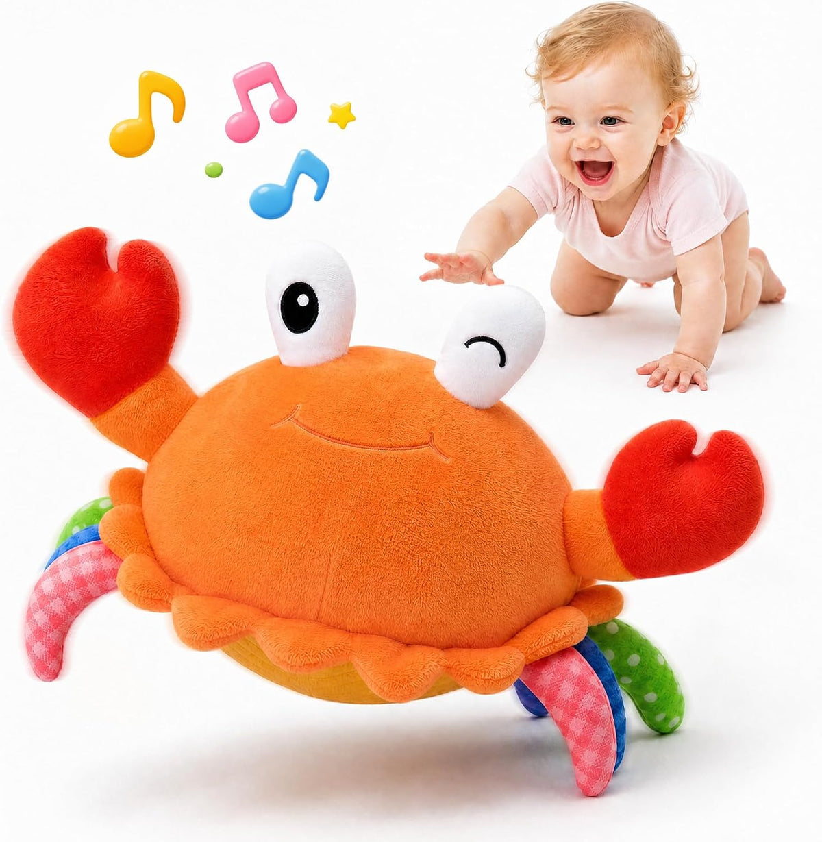 Juguete del bebé del cangrejo que arrastra naranja, juguete musical...