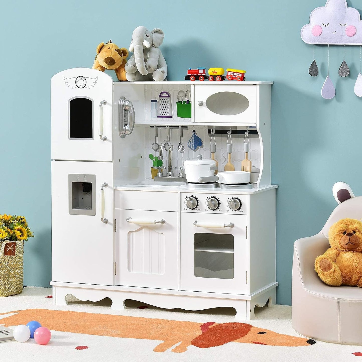 Costzon Juego de cocina para niños, cocina de juguete de madera con...