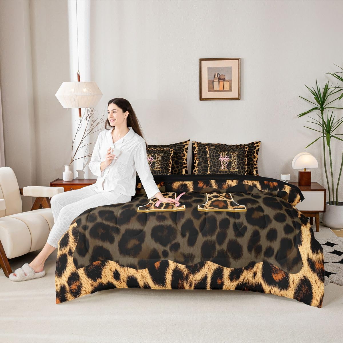 Erosebridal Juego de edredón de 7 piezas con estampado de leopardo...
