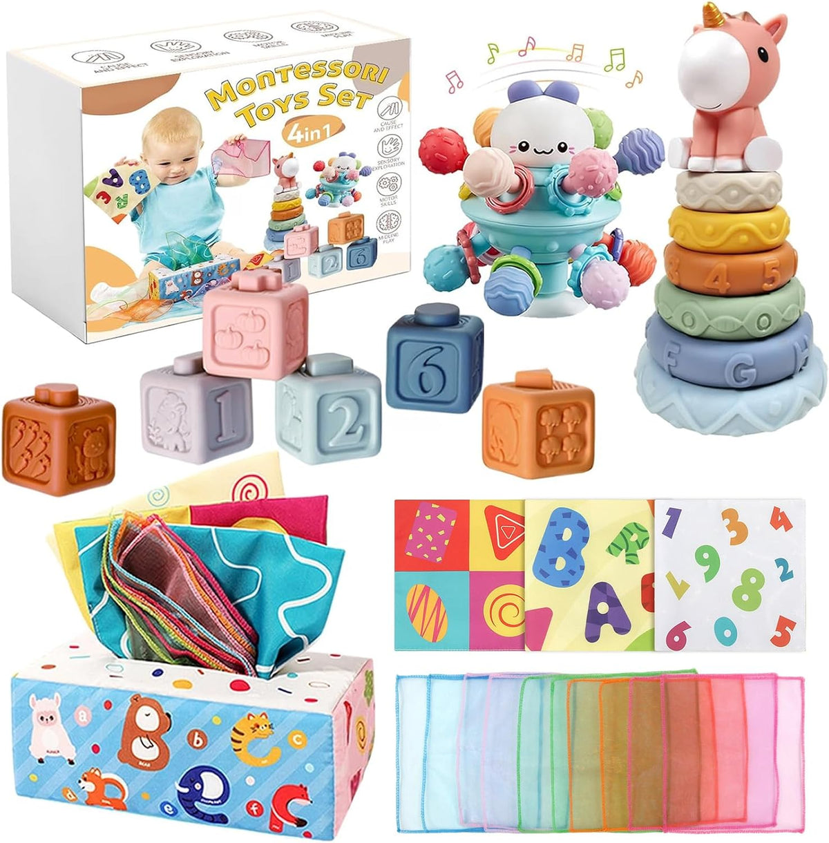 FEBALHS Juguetes Montessori para 6-12 meses, juguetes 4 en 1 para b...