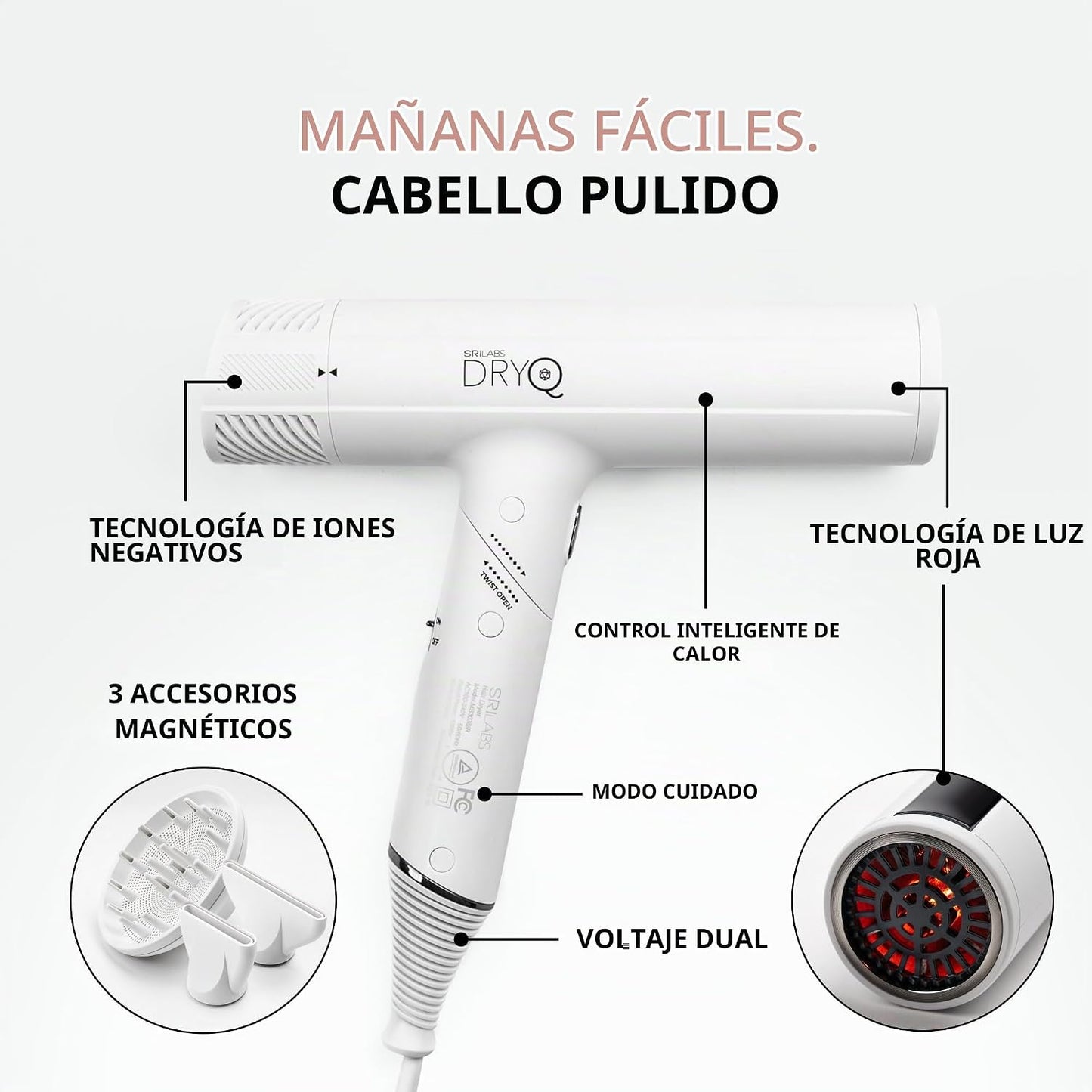 SRILabs DryQ - Secador de pelo 'Smart', edición blanca, súp...