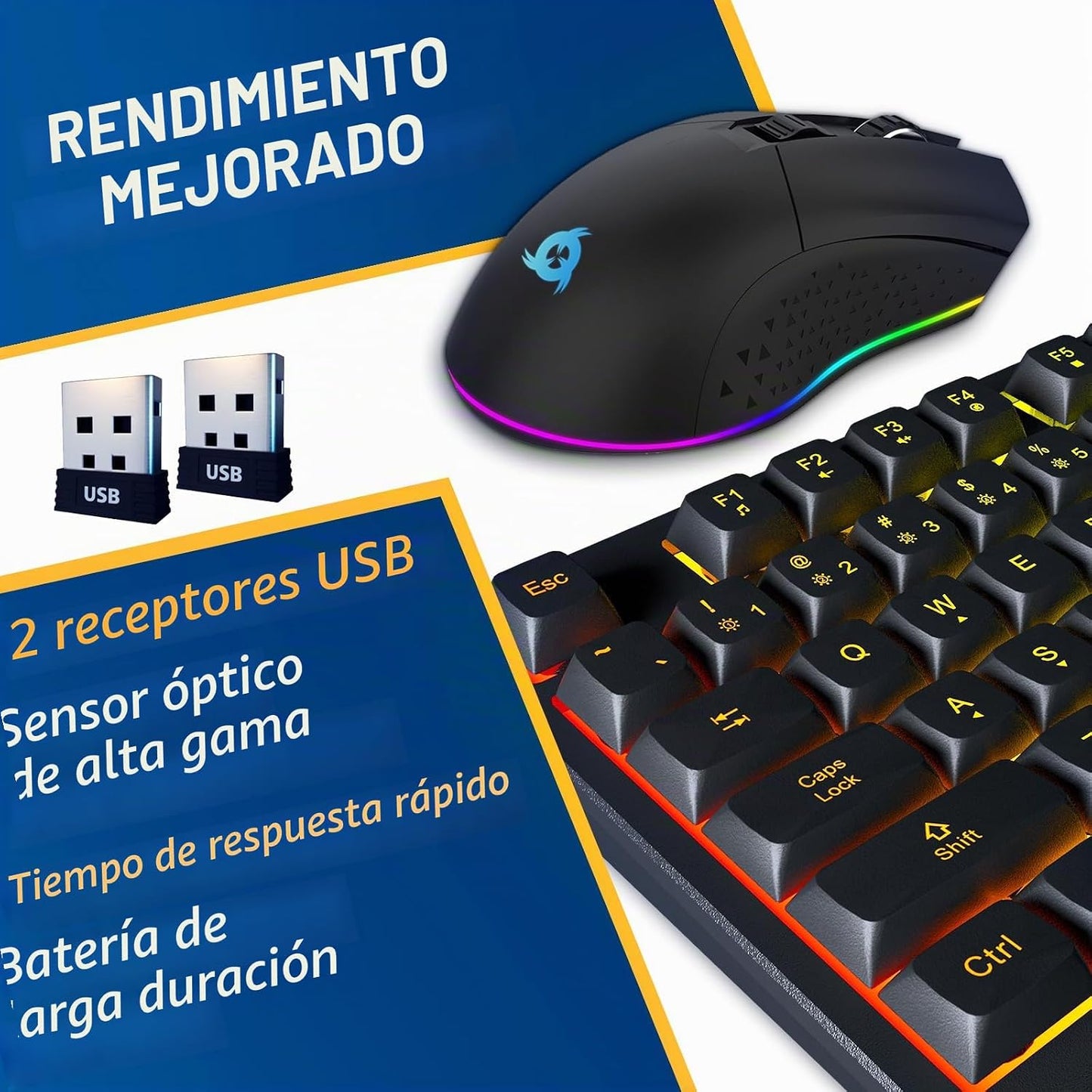 KLIM Teclado y mouse inalámbricos Chroma - Combo de juegos con retr...