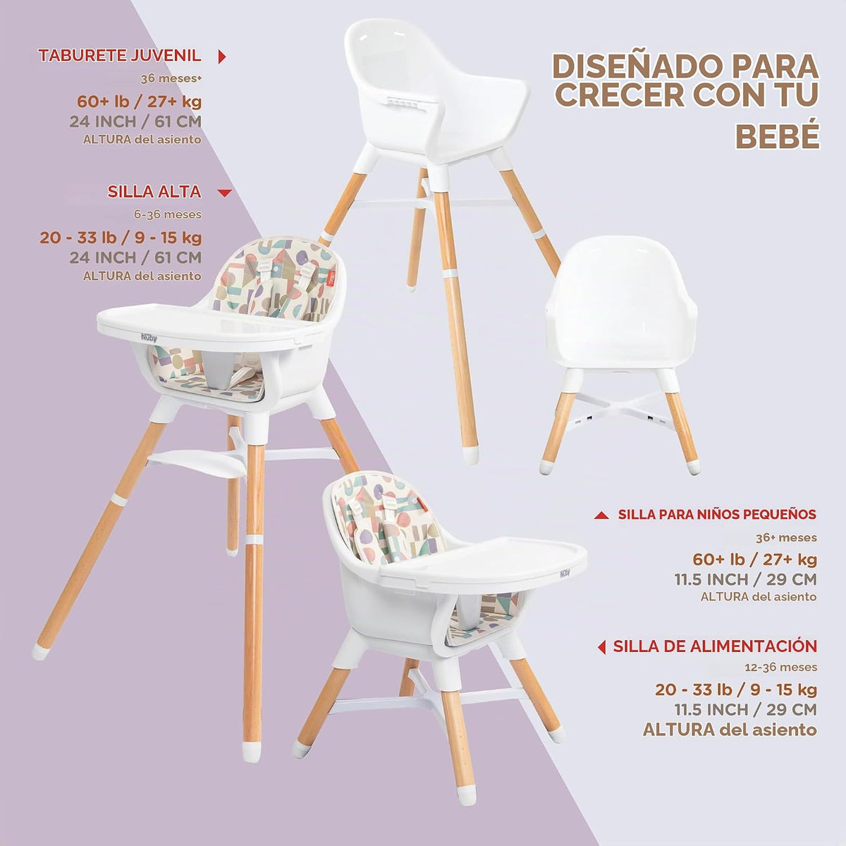 Nuby - Silla alta multiusos 4 en 1 | Estampado Geométrico