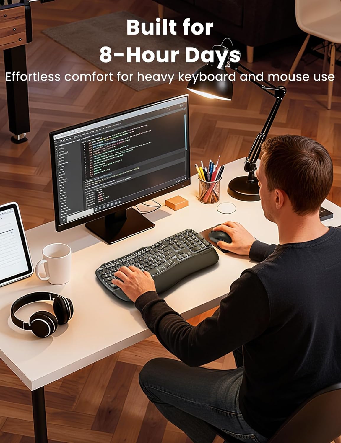 Combo ergonómico de teclado y mouse inalámbricos, teclado retroilum...