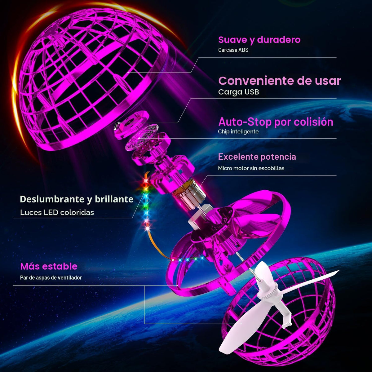 Ivtivfu Bola de orbe voladora (rosa, 2025 actualizada) con luces de...