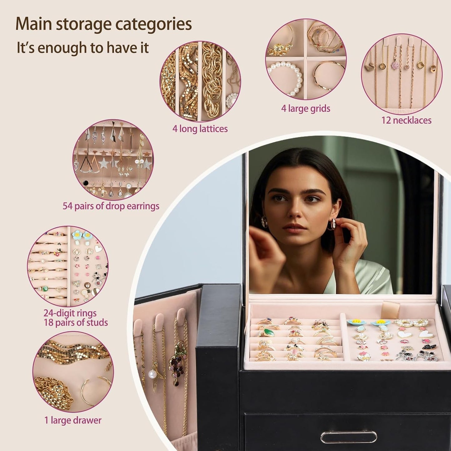 ASINGYER Cajas de Joyería para Mujeres, Organizador de Joyería de 4...