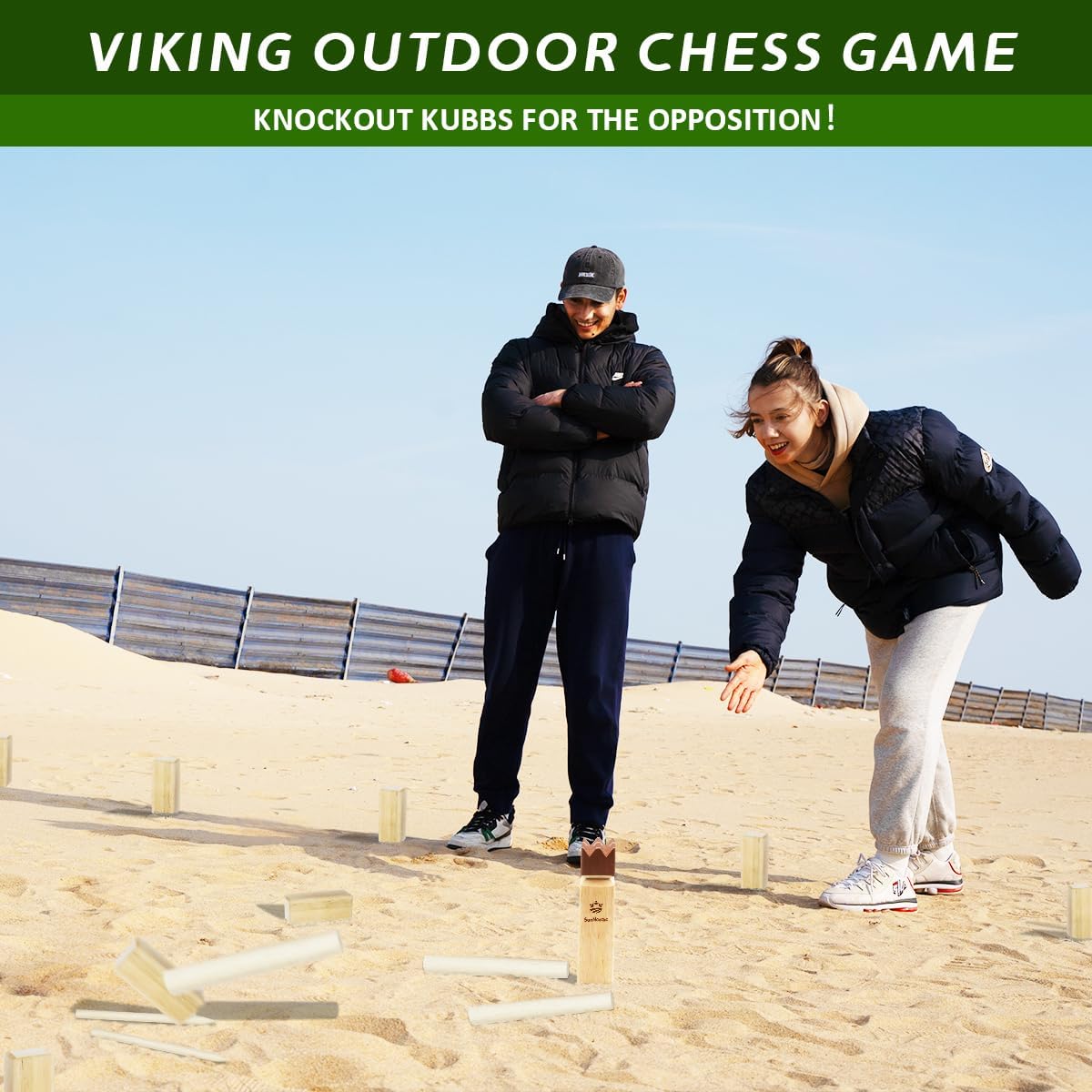 SunNordic Juego de jardín Kubb de madera de caucho con bolsa de tra...