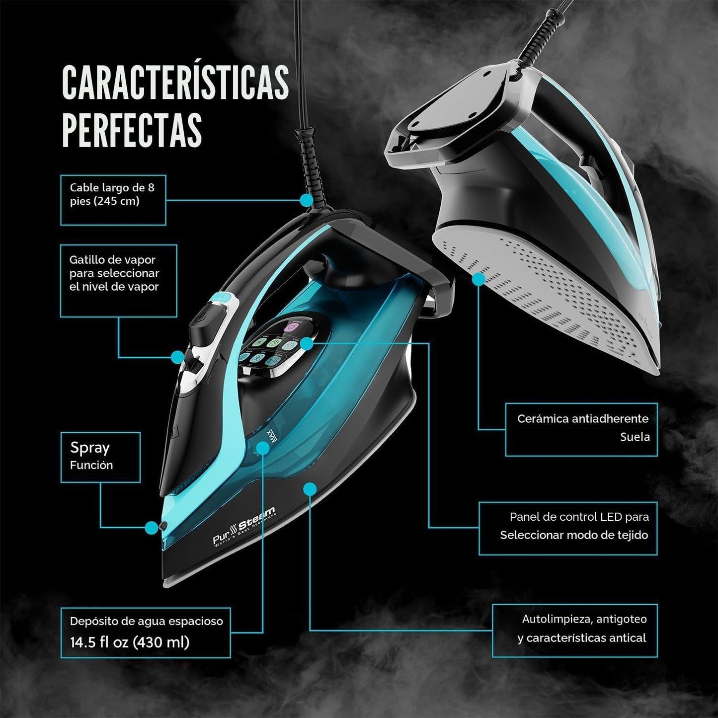 PurSteam SteamTech Elite - Plancha de vapor de 1750 W, control digi...