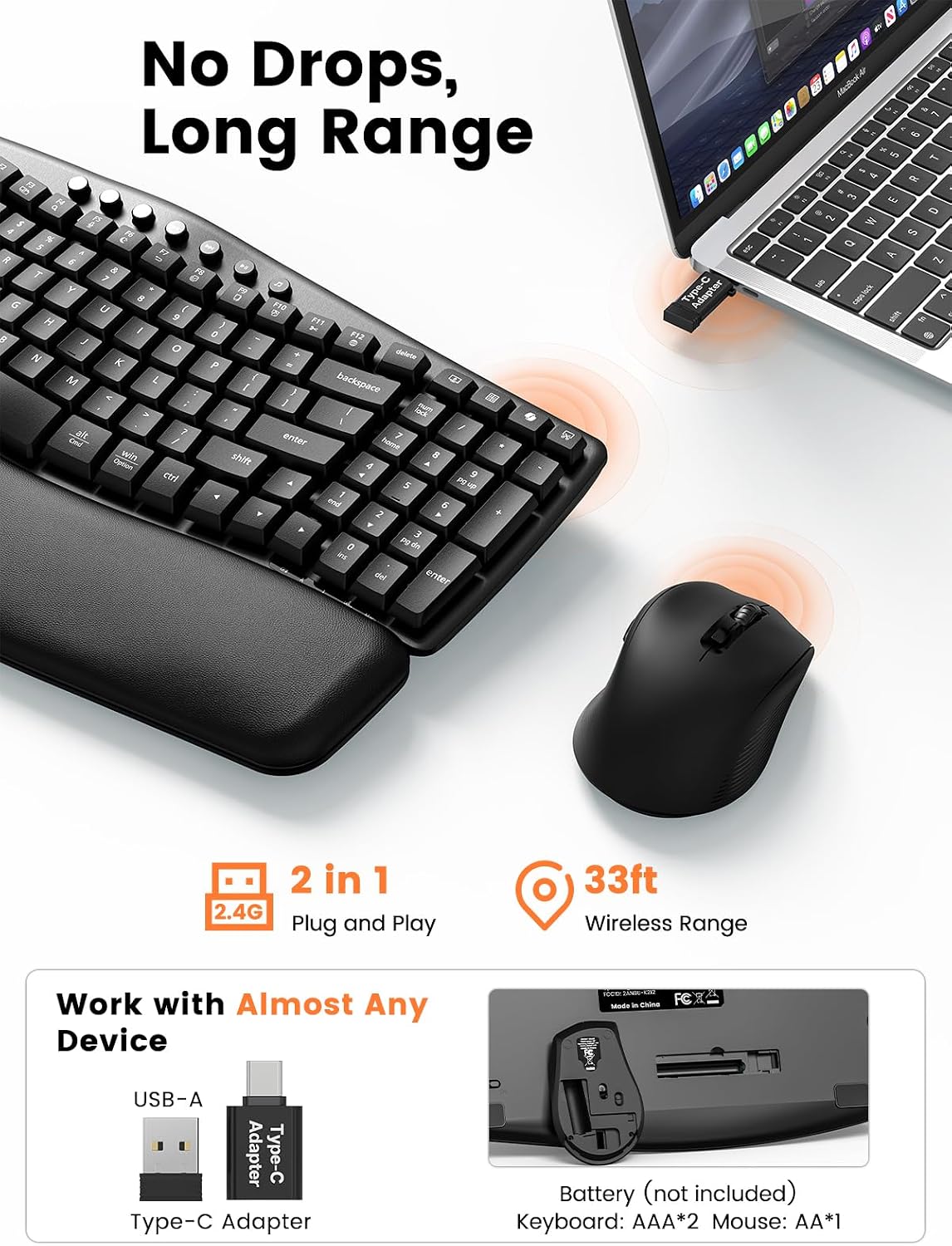 SABLUTE MA61 Teclado inalámbrico y mouse ergonómico, teclas de onda...
