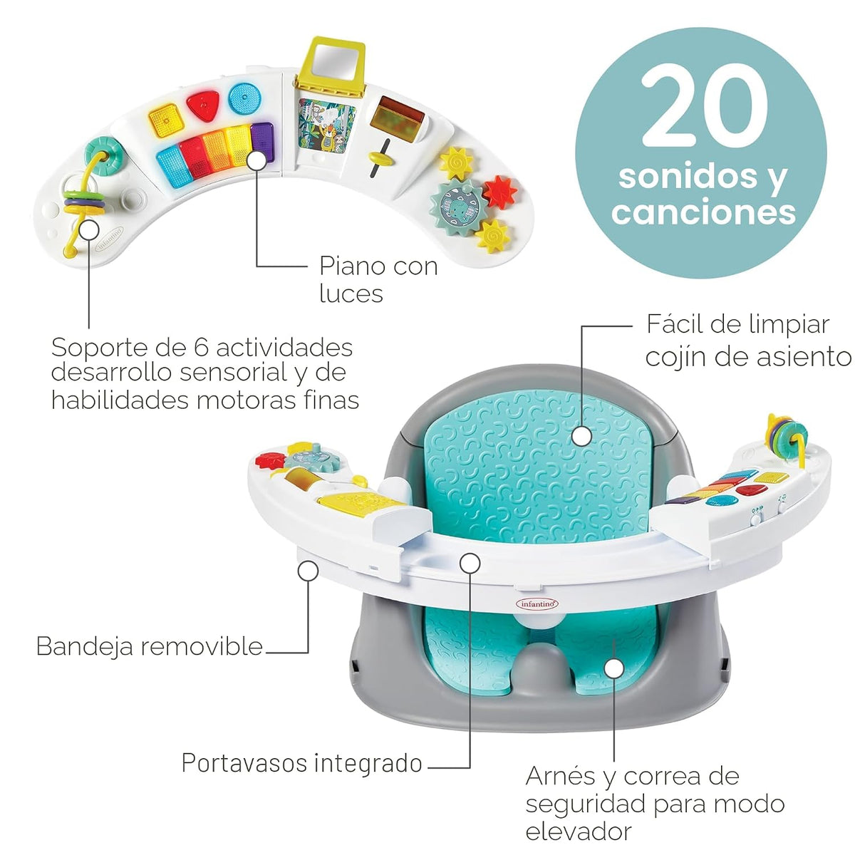 Infantino Asiento y elevador de descubrimiento 3 en 1, con música y...