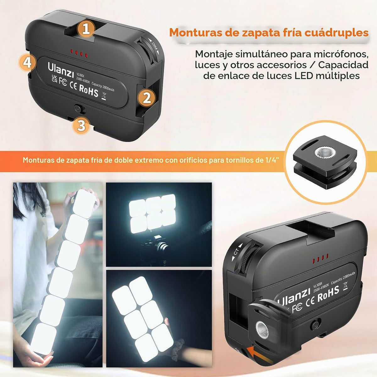 Ulanzi VL100X Luz para Selfie, Panel de Luz LED con Clip para Teléf...