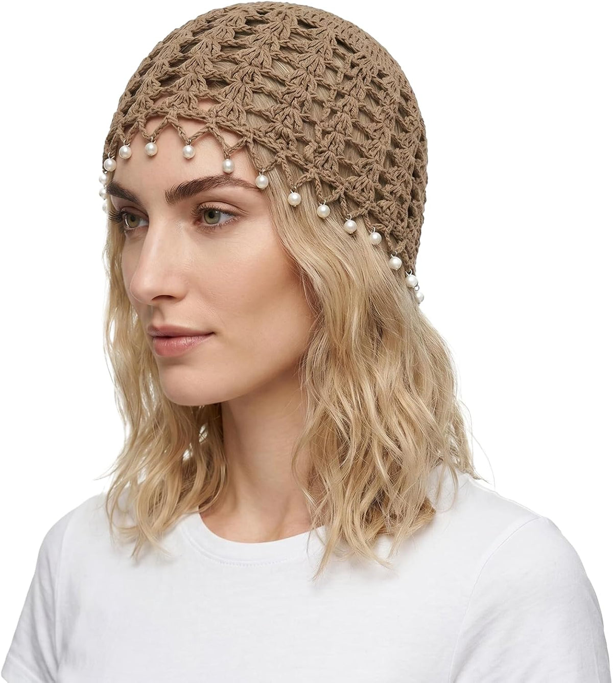 Lyfange Sombrero de ganchillo de perlas para mujer, hecho a mano, d...