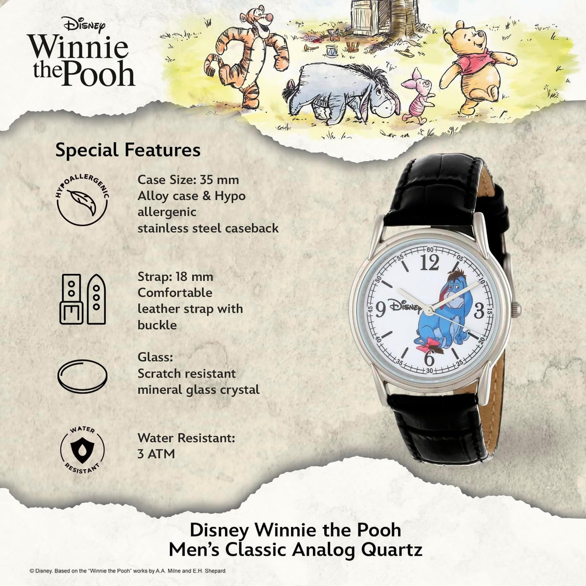 Disney Winnie The Pooh Reloj para hombre, con esfera clásica de per...