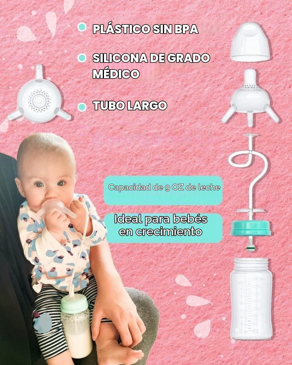 Biberón anti cólico con pajilla, válvula de pezón integrada y orifi...