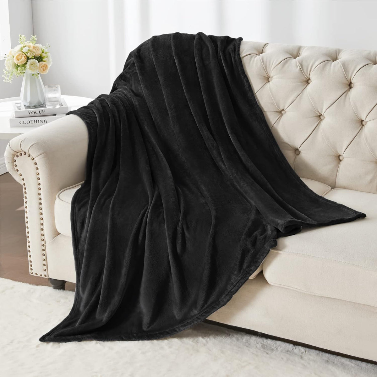 BEDELITE - Manta de vellón negra para sofá y cama, afelpada, suave...