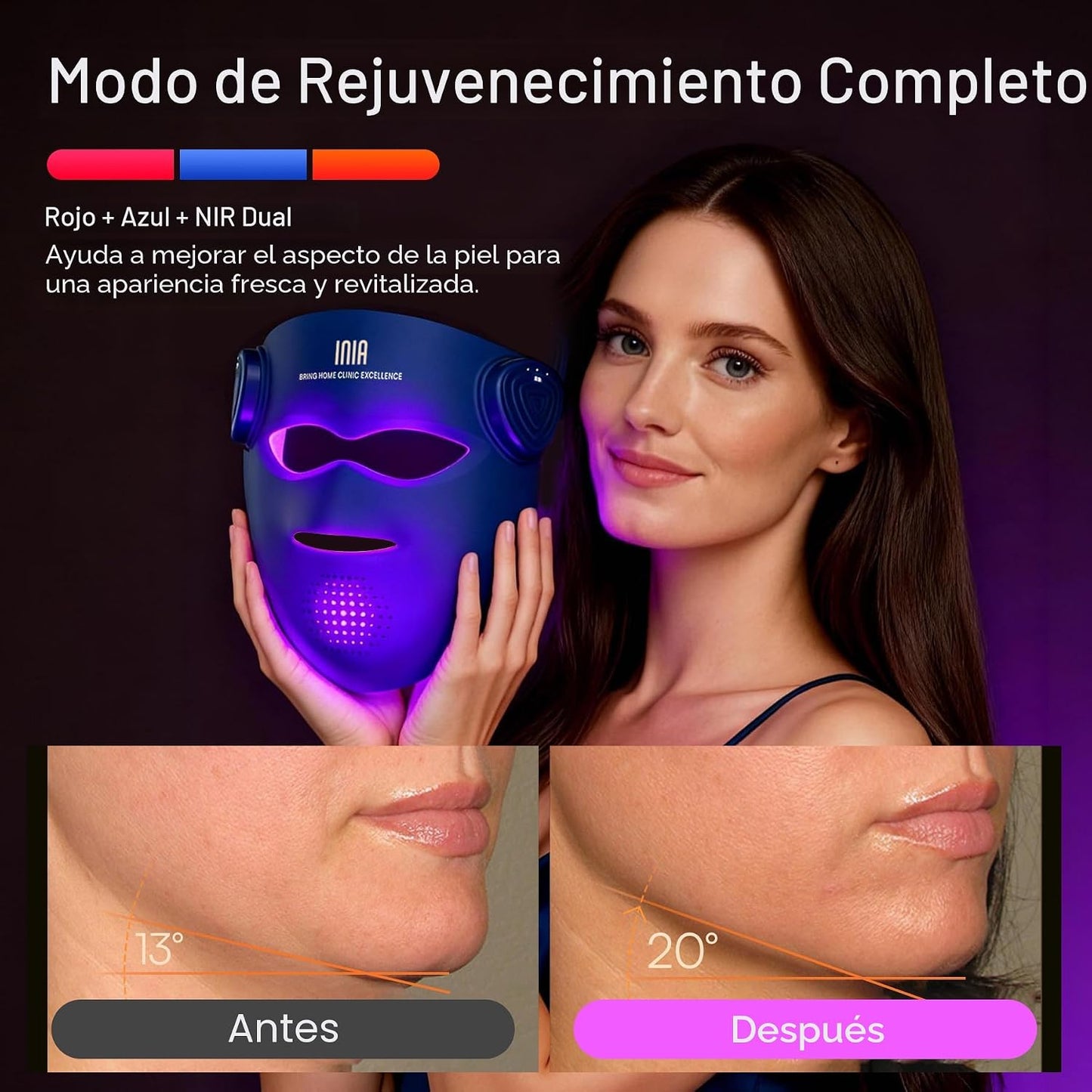 INIA Máscara inalámbrica de terapia de luz roja GLOW 4D para cara,...