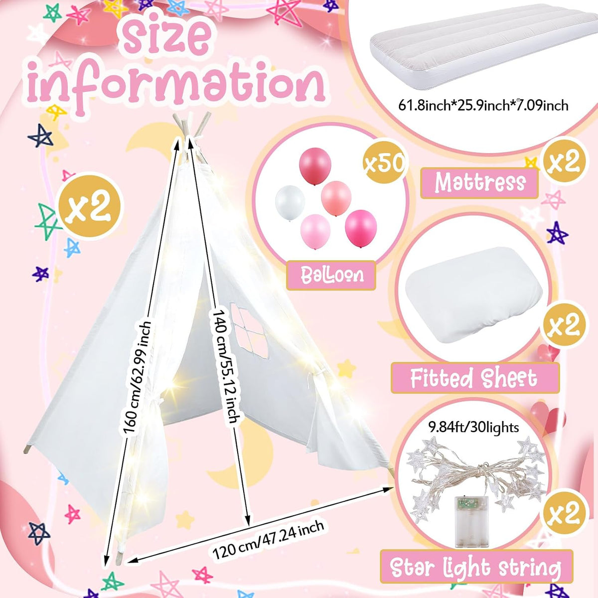 Lemosae Paquete de 2 Tiendas Teepee para Niños con Colchón, Sábana...