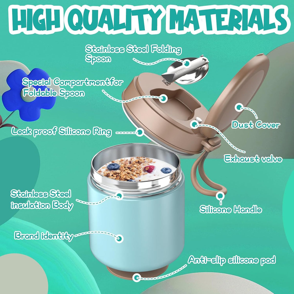 Termo para niños de comida caliente - 15.2oz con cuchara plegable y...