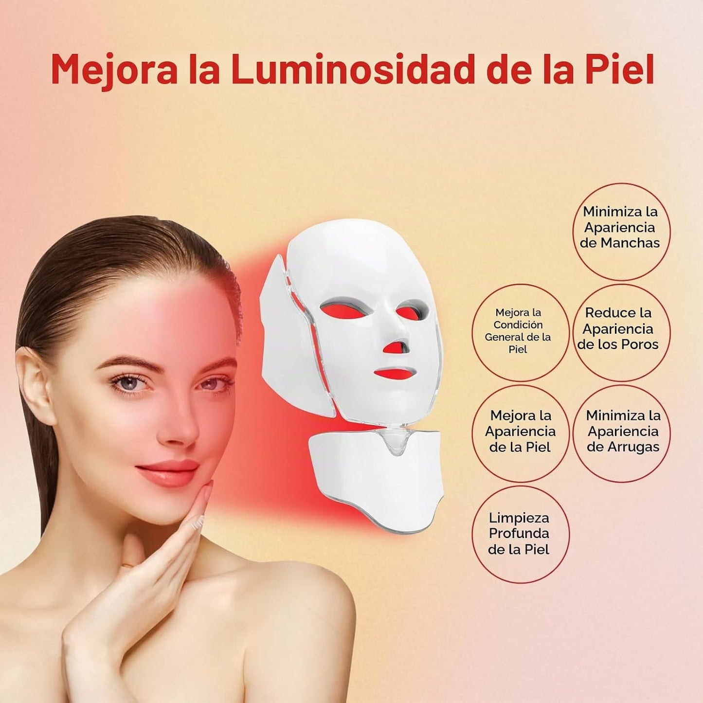 BeaRay Terapia de luz con máscara facial LED, 7 colores para vitali...
