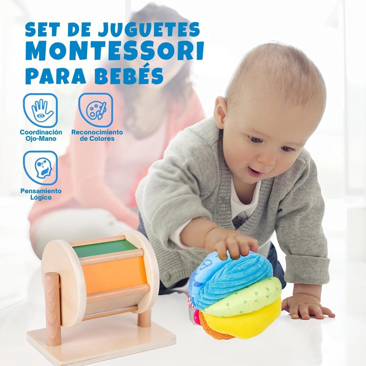 Adena Montessori Kit de juego: tambor giratorio y bola de tela, 19....