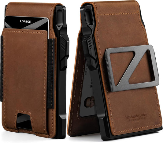 LORZOR Cartera táctica de piel auténtica para hombre, tarjetero des...