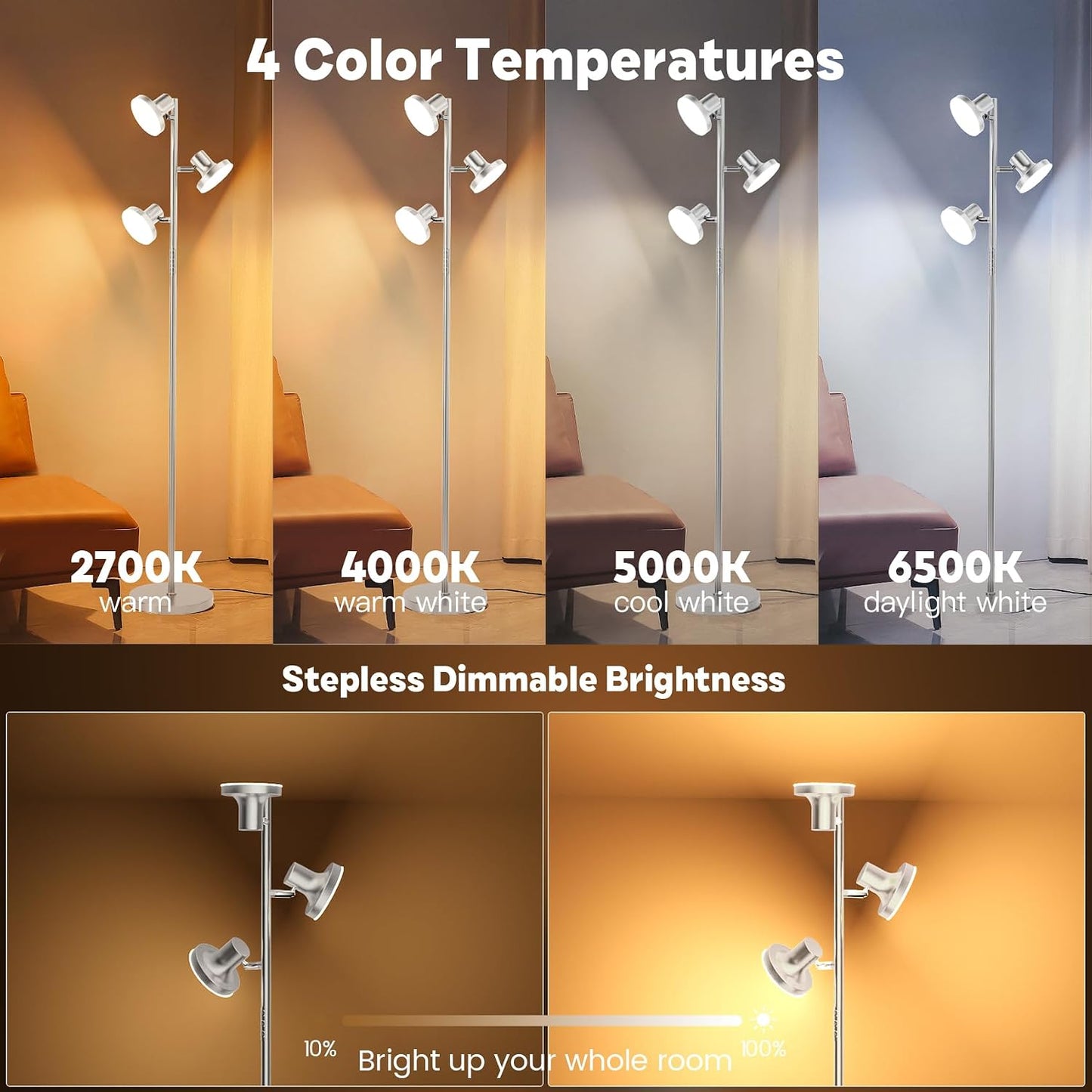 SIBRILLE Lámpara de pie LED de árbol de 36W, lámpara de pie ajustab...