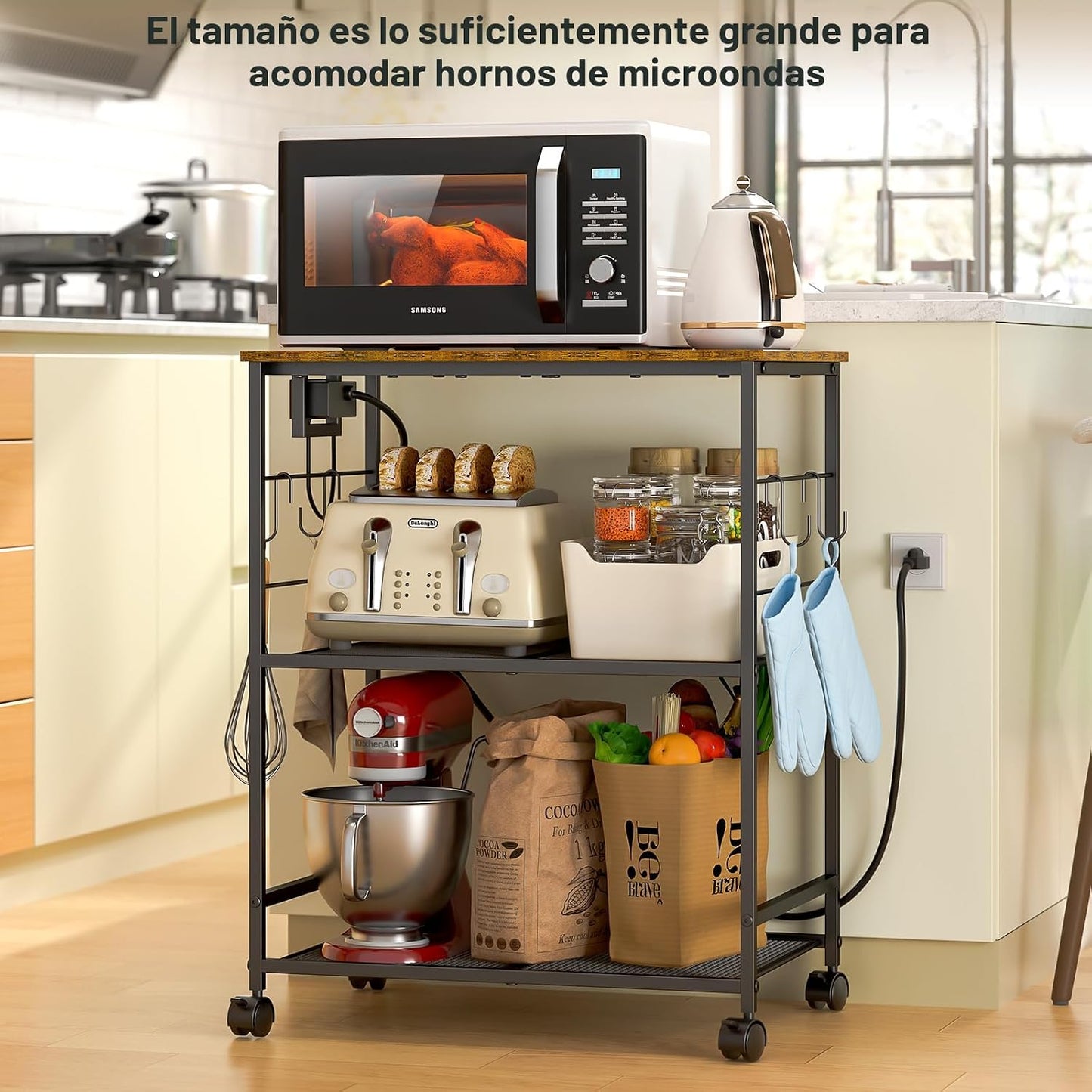 ThreeHio Carrito de Cocina Rodante para Microondas con Toma de Corr...
