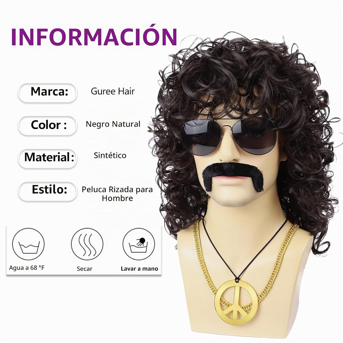 Guree Hair Peluca rizada para hombre + lentes + cadena dorada + col...