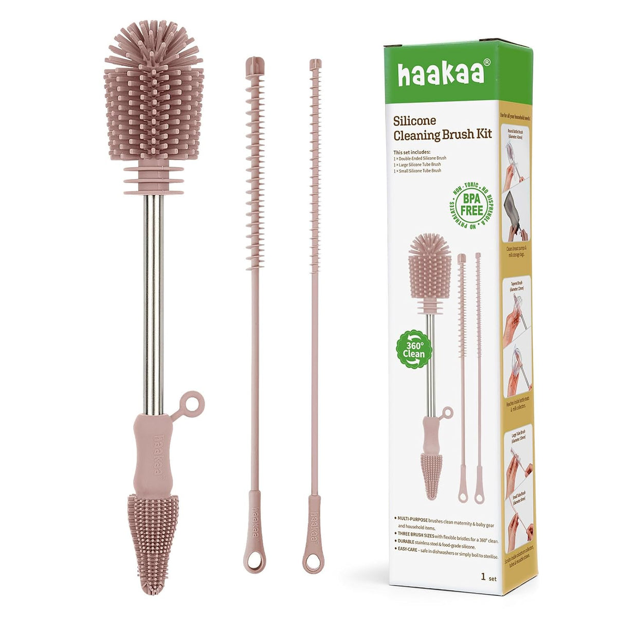 Haakaa Kit de cepillo de limpieza de silicona, rosa, limpiador de c...