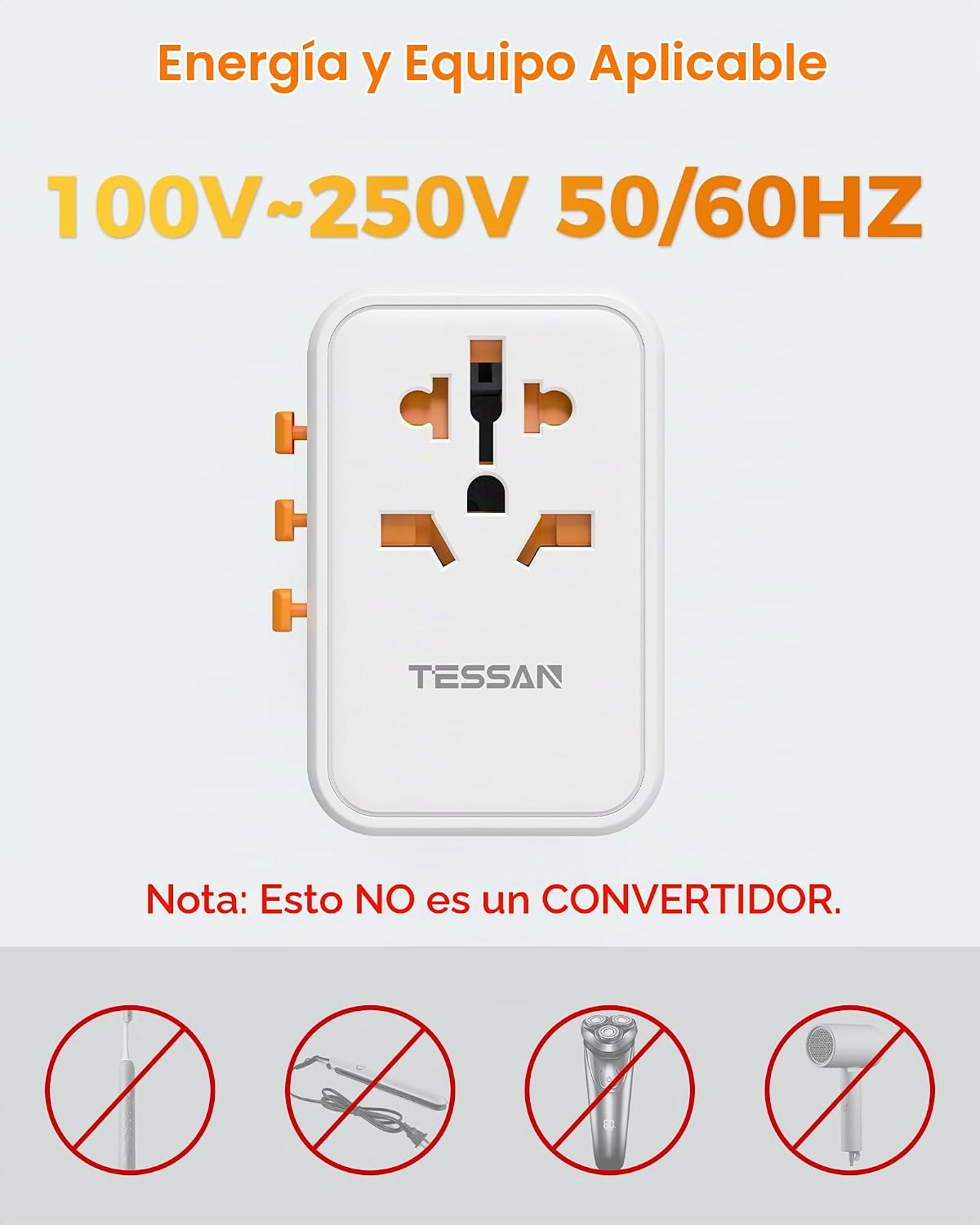 Adaptador universal de viaje TESSAN, GaN 65W | 3 puertos USB C, 2 p...