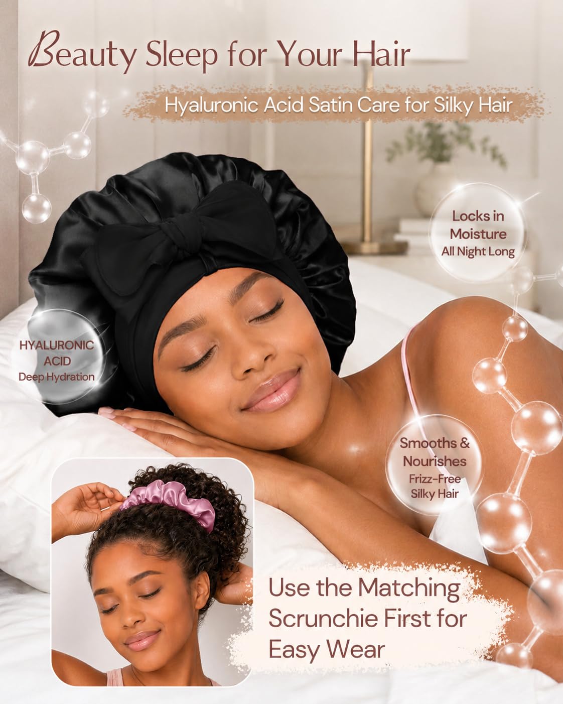 BONNET QUEEN Gorro de Seda para Dormir para Mujeres HYALURONIC Ácid...
