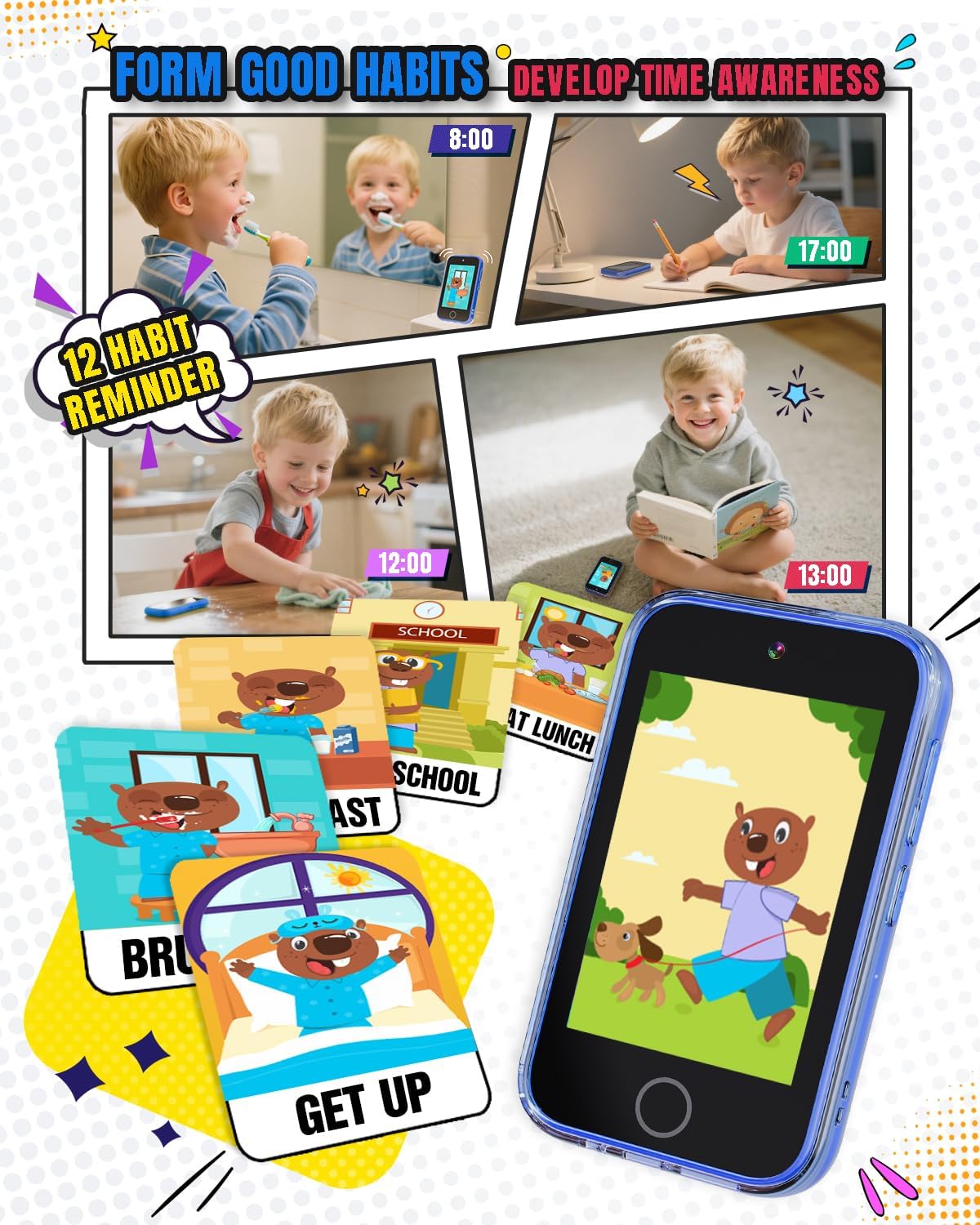 Byserten Teléfono para niños con pantalla táctil de 3.5 pulgadas co...