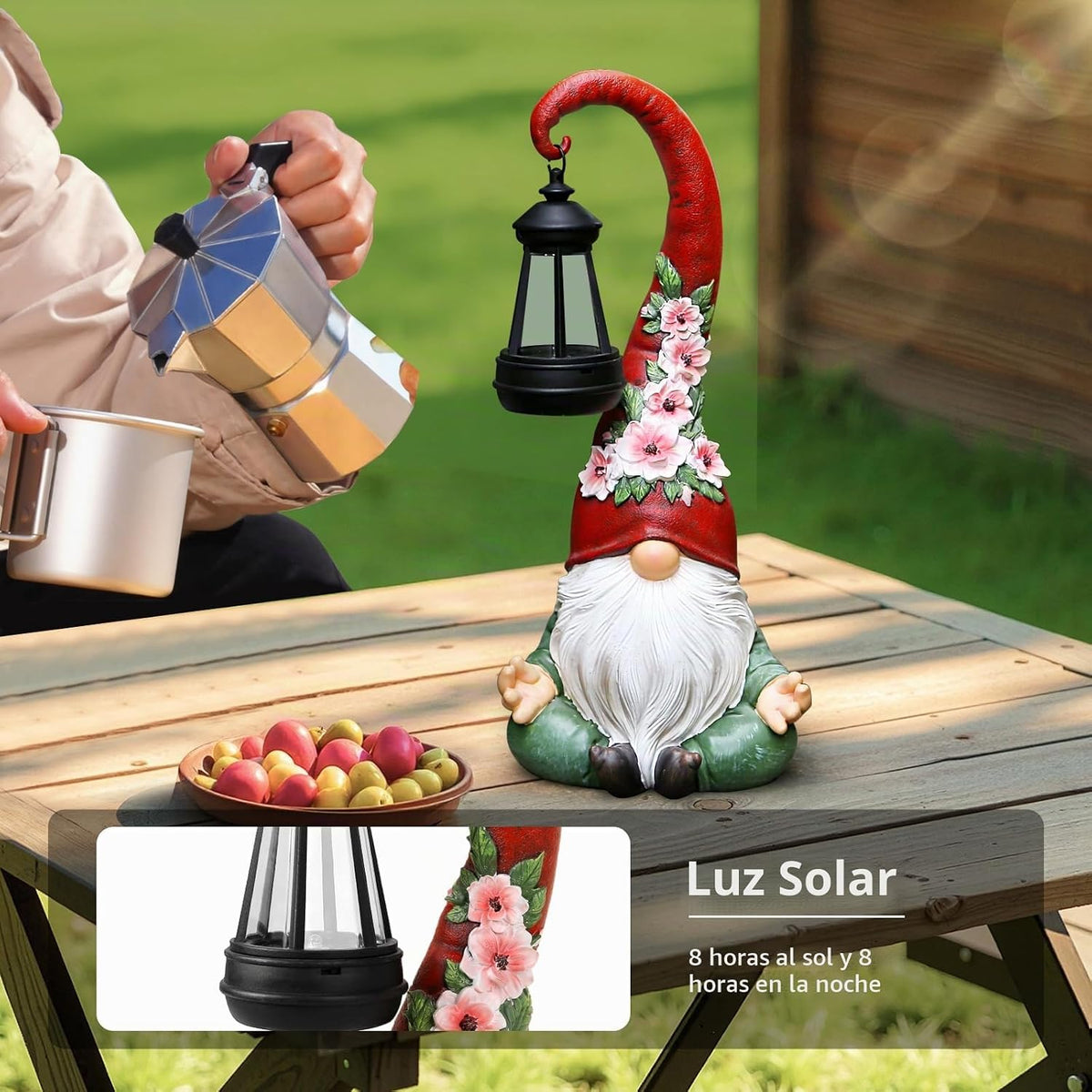 Roundot Estatuas de gnomos de jardín con luces solares, farol para...