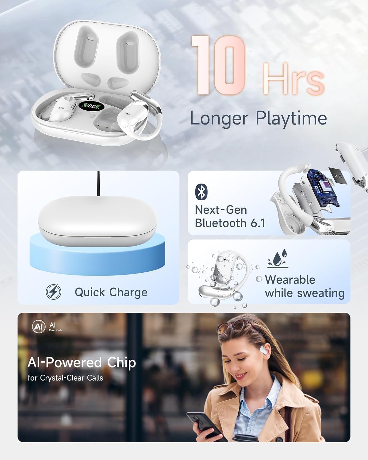 Auriculares inalámbricos de oreja abierta Bluetooth 5.8 Pearl Ivory...