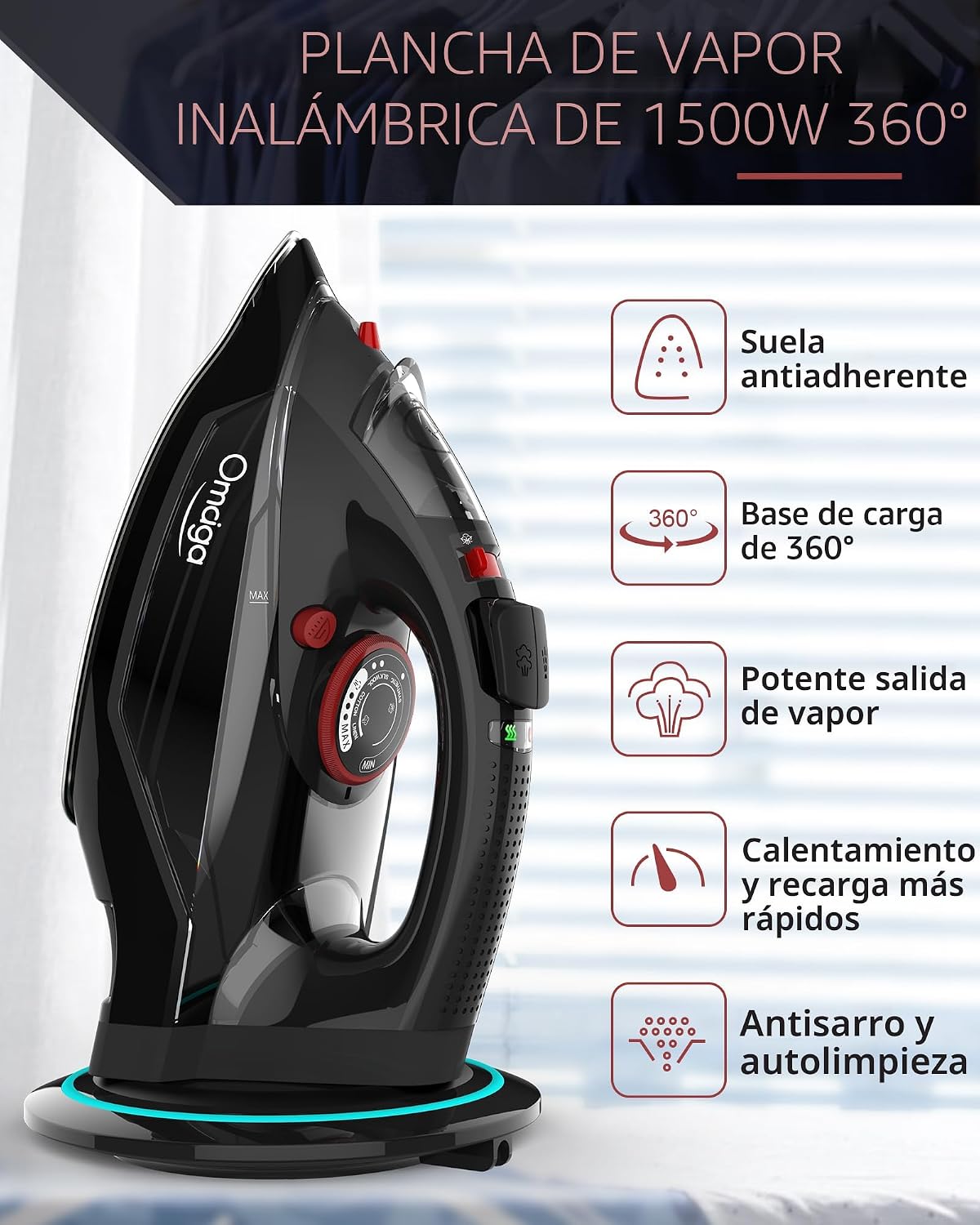 OMAIGA - Plancha inalámbrica para ropa, plancha de vapor de 1500W c...