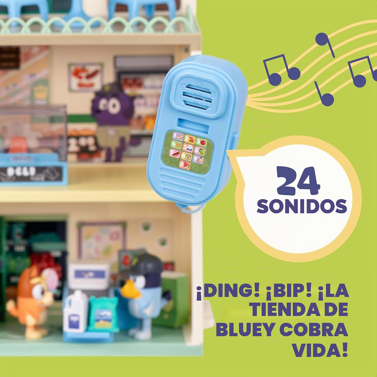 Bluey y juego de supermercado de bingo, escaleras mecánicas y sonid...