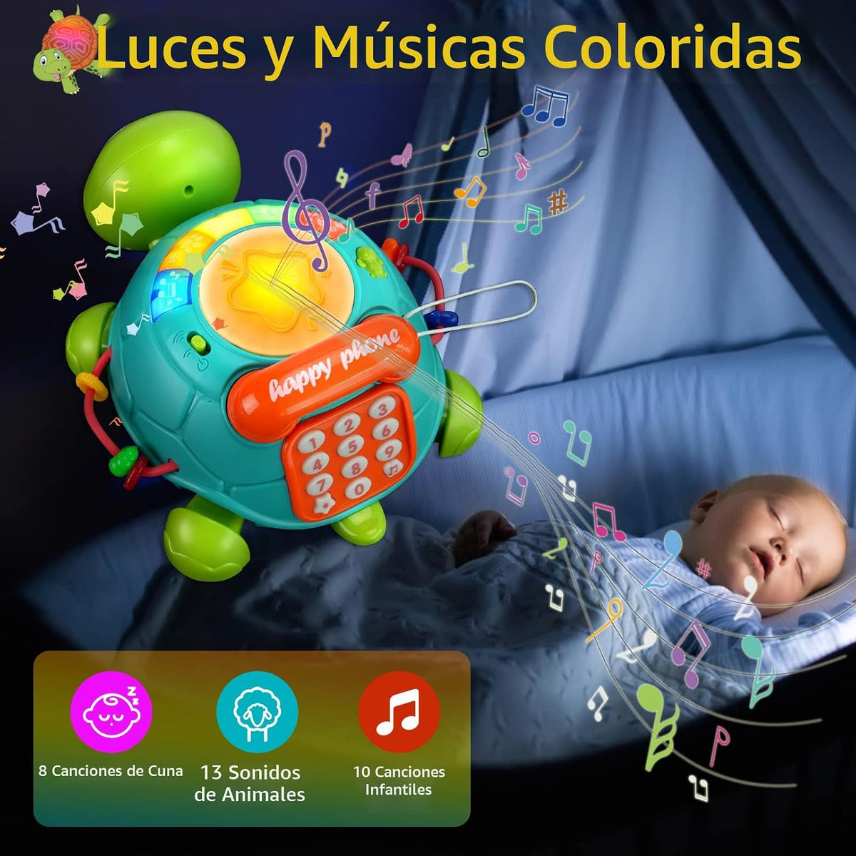 Juguetes musicales de tortuga para bebés de 6 a 12 meses, juguetes...