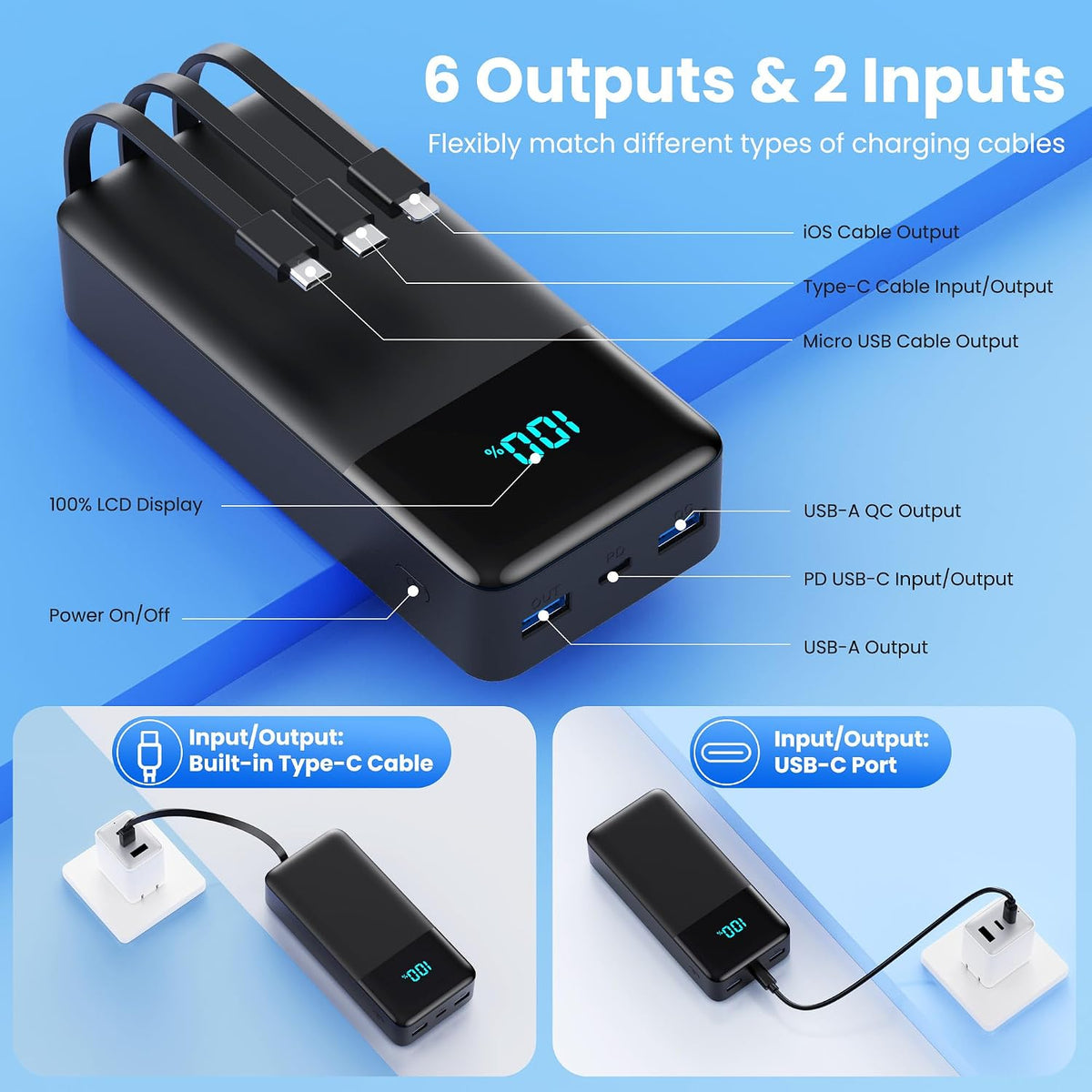 Cargador portátil de 70800 mAh con 3 cables integrados, 25 W PD QC4...