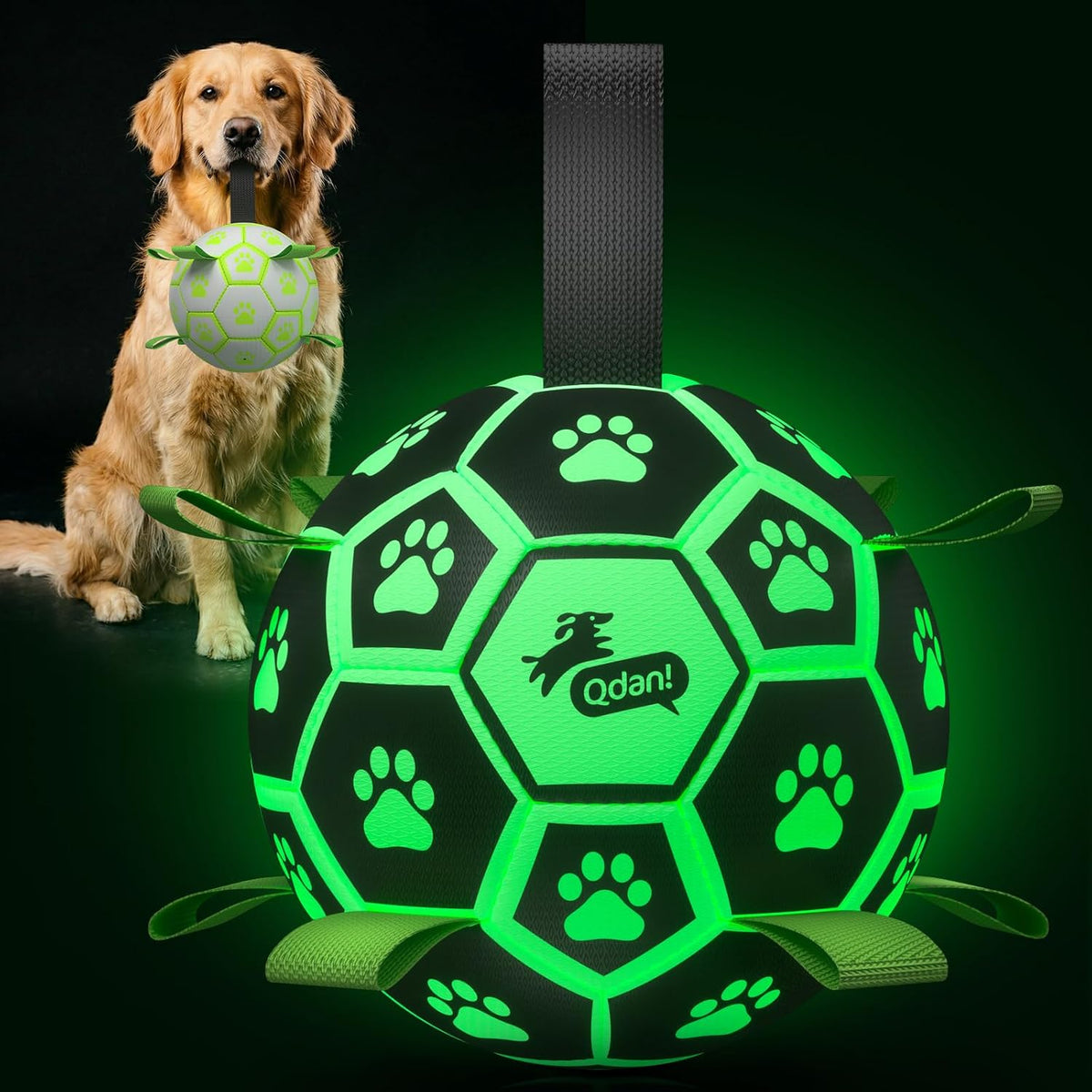 QDAN Pelota de fútbol que brilla en la oscuridad para perros con co...